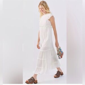 Urban Outfitters Sandra Ruffle Smocked White Midi Cap Sleeve Dress
